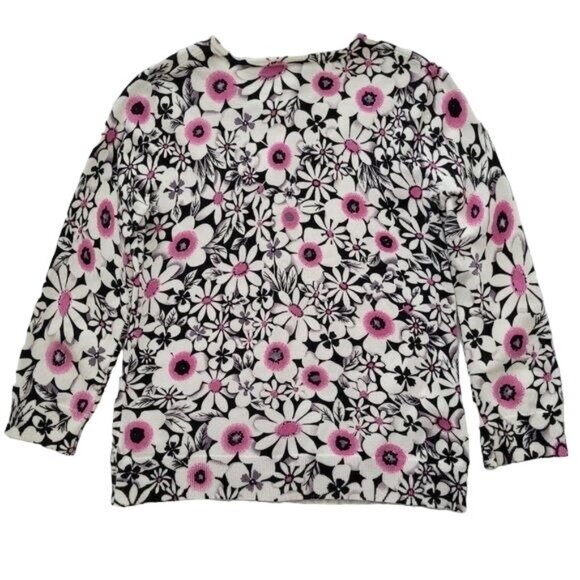 Cable & Gauge Cardigan Sweater White & Pink Flower Rhinestone Looking Buttons - Picture 4 of 9